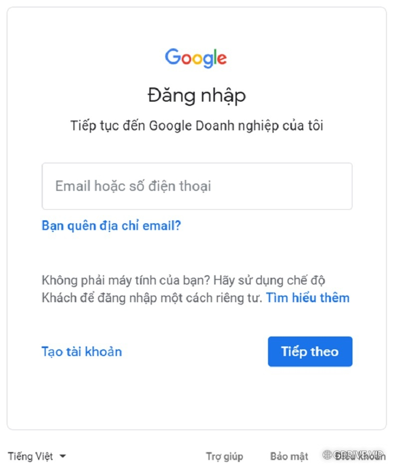 Đăng nhập tài khoản Google để xác minh Google Doanh Nghiệp