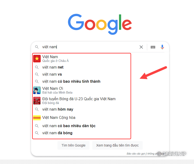 Gợi ý tìm kiếm trên Google Chrome